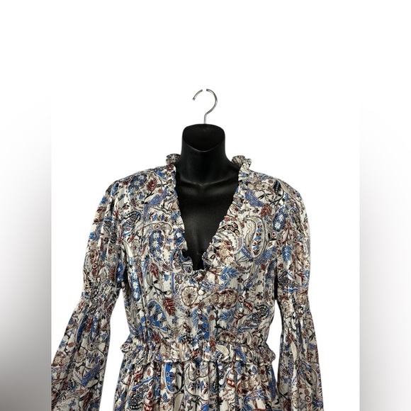 NWOT, ZARA, Dress With Print And Ruffles, Small, White, Blue, Tan - Picture 4 of 12